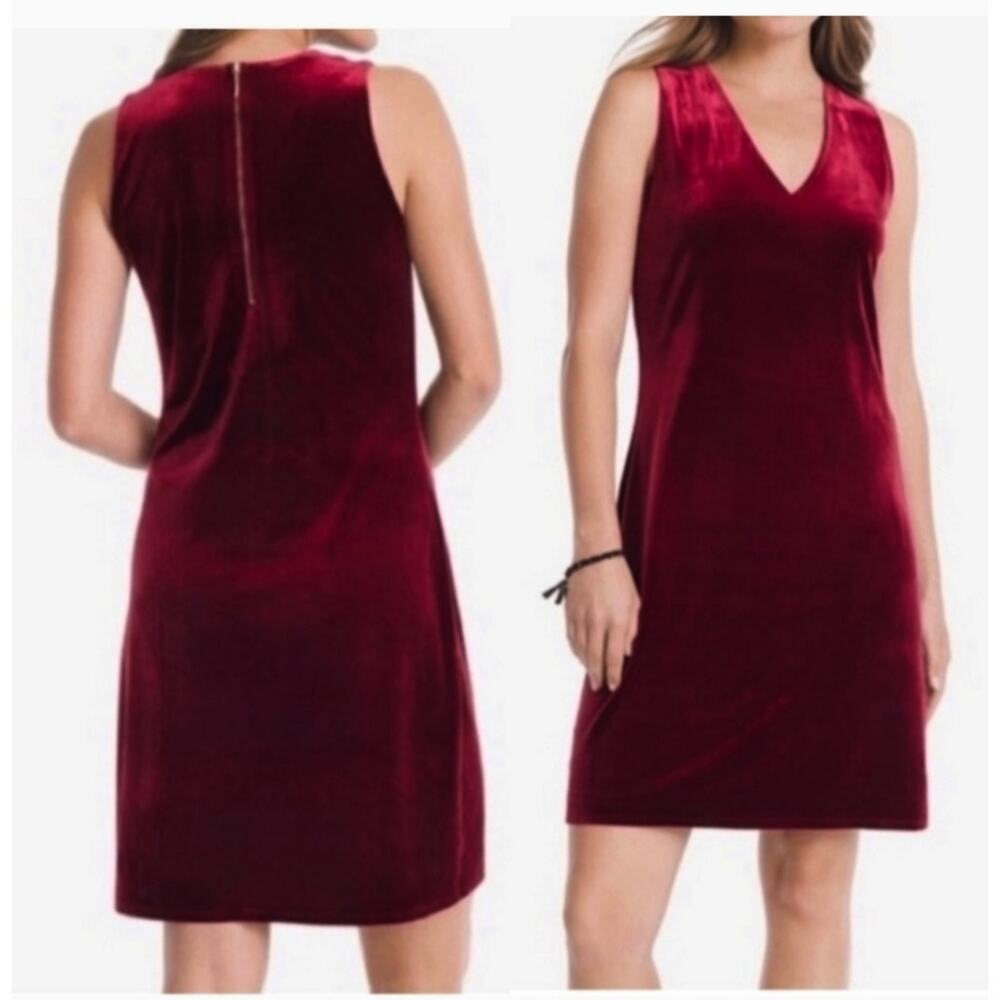 4140)White House Black Market Sleeveless Burgundy Velvet V Neck Shift Dress Sz 6